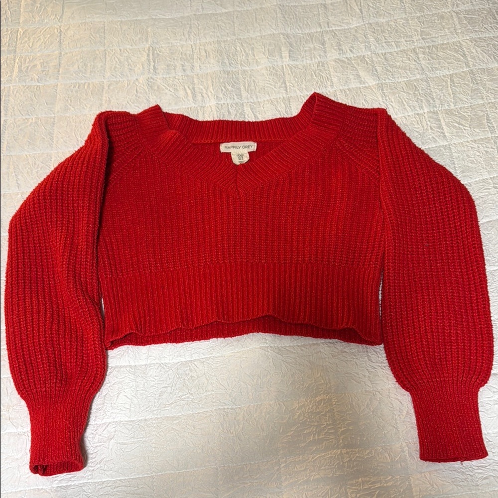 Red V-Neck Cropped Sweater